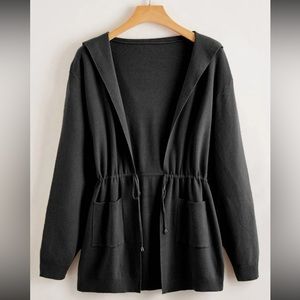 Plus Size Drawstring Waist Hooded Cardigan